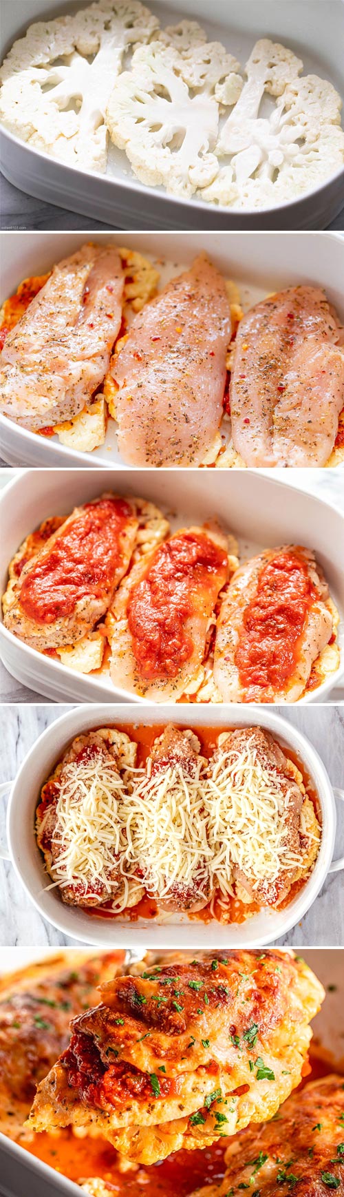 Parmesan Chicken Casserole and Cauliflower Steaks - #chicken #parmesan #casserole #recipe #eatwell101 -  The best chicken parmesan with deliciously crispy cauliflower steaks!