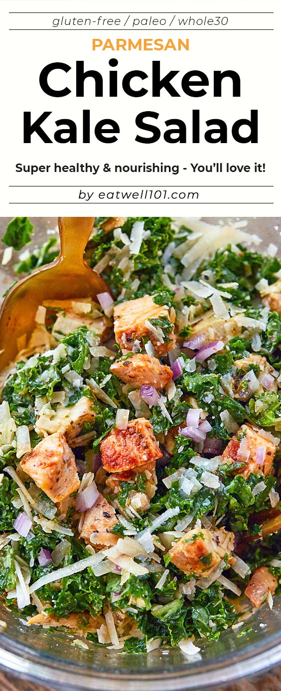 Roasted Chicken Parmesan Kale Salad - #chicken #kale #salad #recipe #eatwell101 - This wholesome chicken kale salad recipe is packed to the max with goodies!