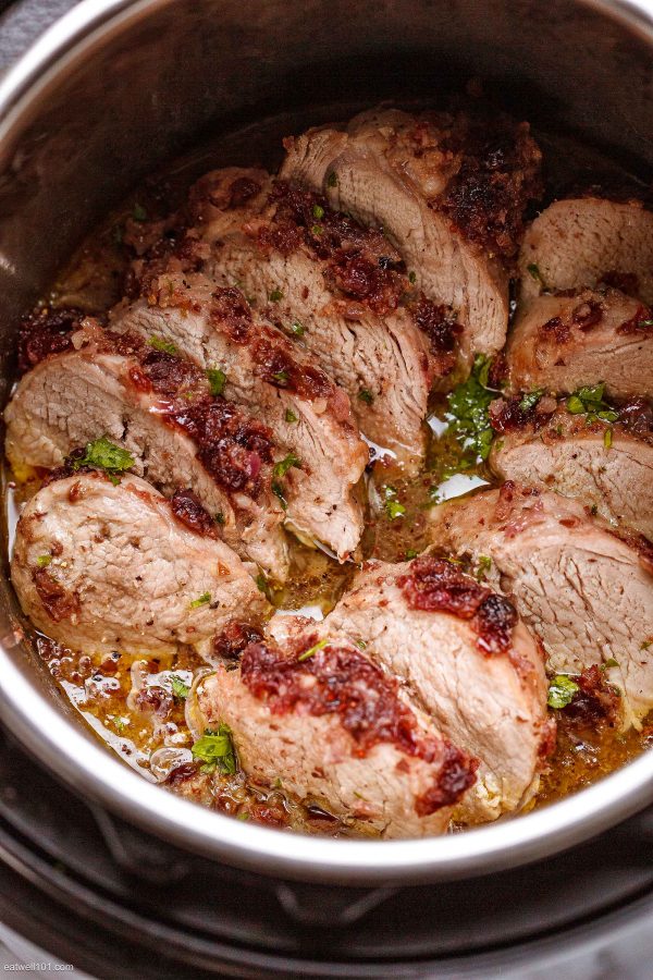 Instant Pot Pork Tenderloin with Cranberry Butter Sauce - #recipe by #eatwell101 - https://www.eatwell101.com/instant-pot-pork-tenderloin-cranberry-butter-sauce-recipe