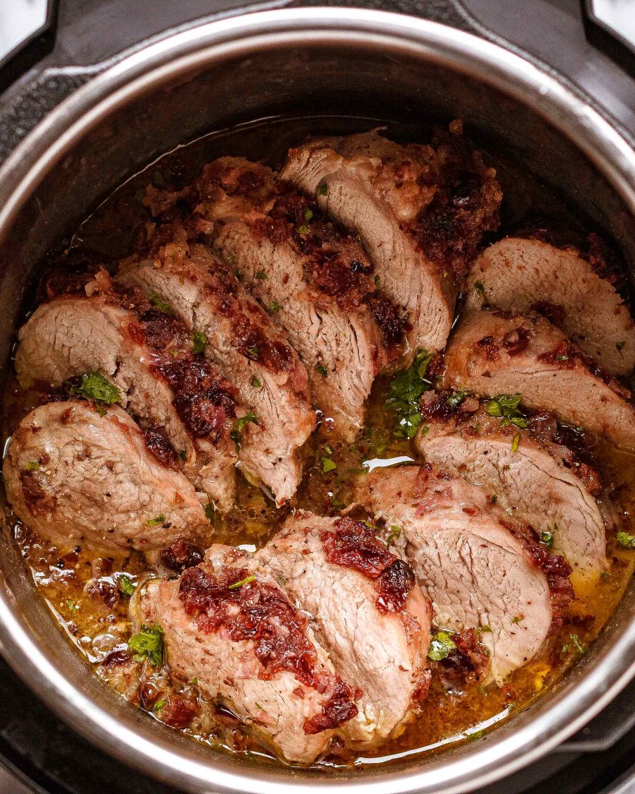 Instant Pot Pork Tenderloin with Cranberry Butter Sauce - #recipe by #eatwell101 - https://www.eatwell101.com/instant-pot-pork-tenderloin-cranberry-butter-sauce-recipe