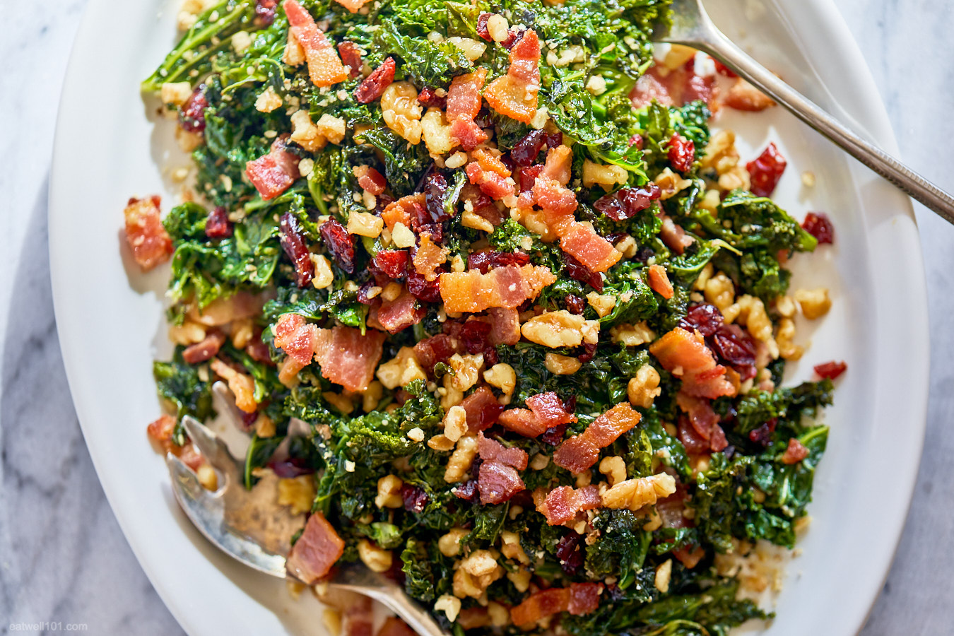 Healthy Sautéed Kale Salad Recipe with Bacon, Walnuts and Cranberries