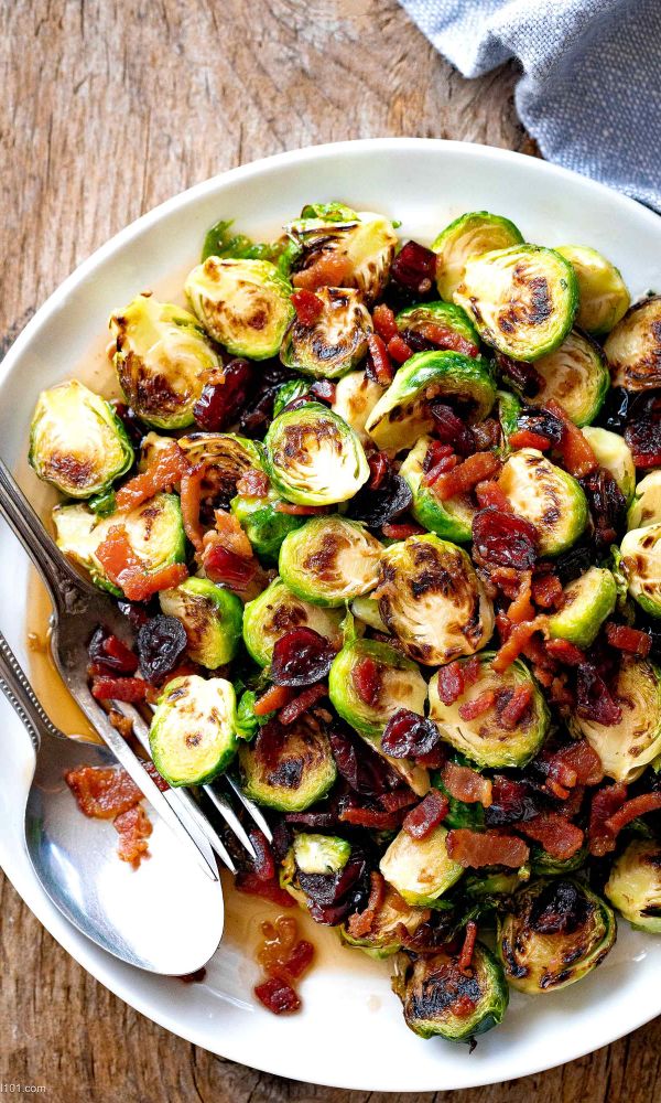Roasted Brussels Sprouts with Maple, Bacon and Cranberries