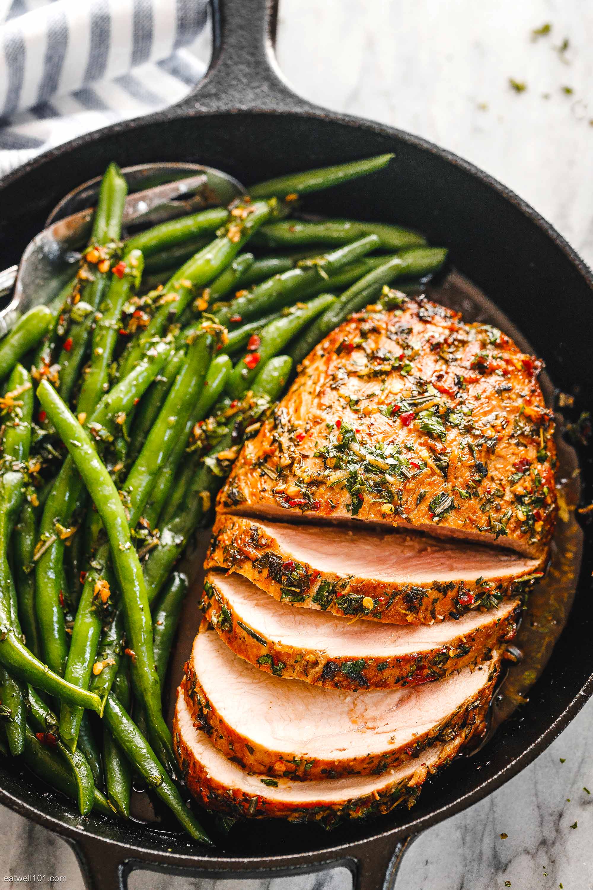 Place pork loins in a roasting pan and bake for 30 minutes. Roasted Pork Loin with Green Beans Recipe - Roasted Pork ...