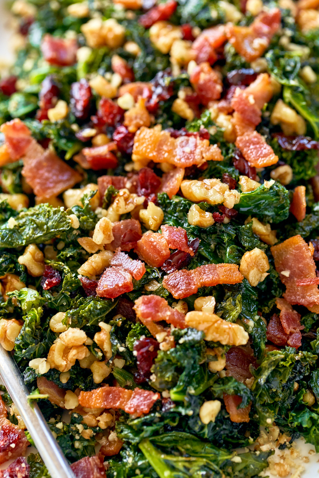 Healthy Sautéed Kale Salad Recipe with Bacon, Walnuts and Cranberries