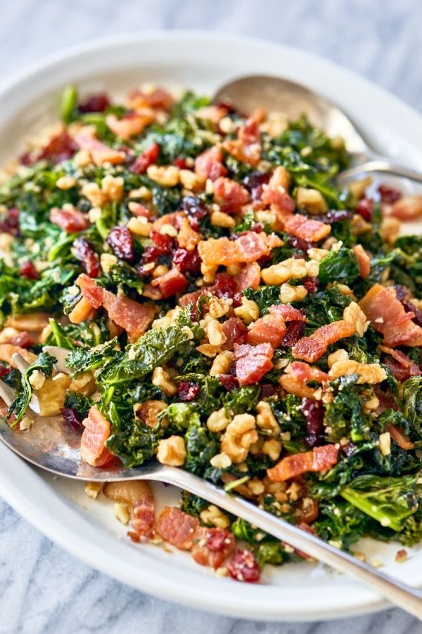 Sautéed Kale Salad - #recipe by #eatwell101 - https://www.eatwell101.com/healthy-sauteed-kale-salad-with-bacon-walnuts-and-cranberries
