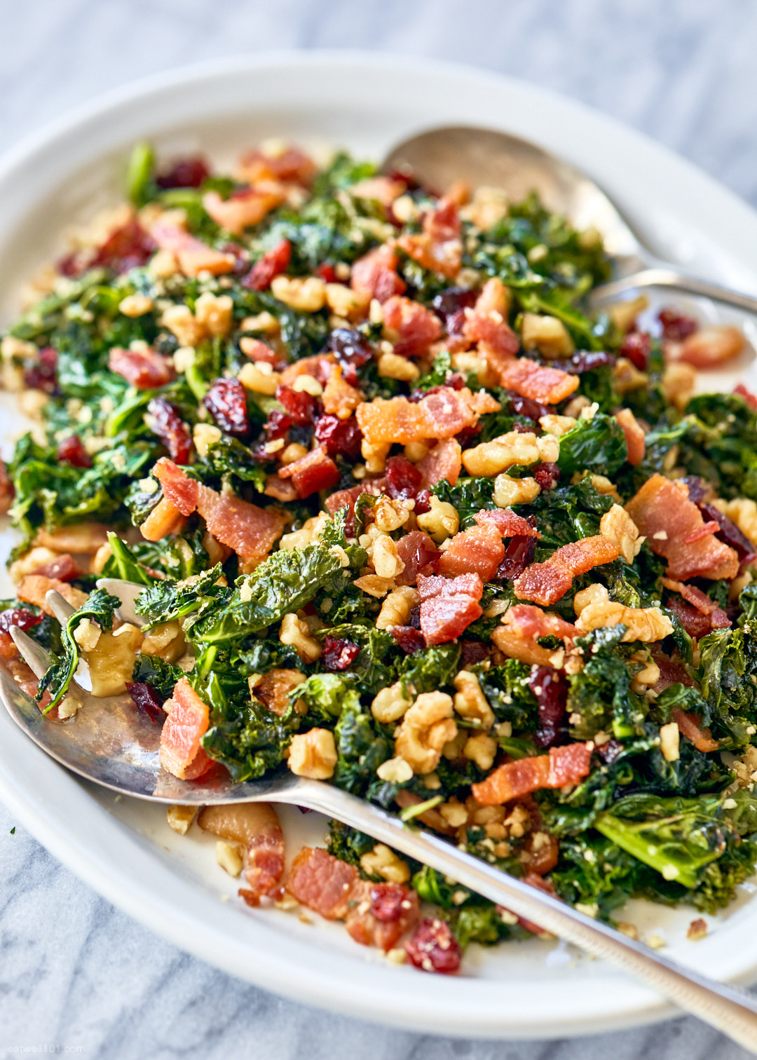 Healthy Sautéed Kale Salad Recipe with Bacon, Walnuts and Cranberries