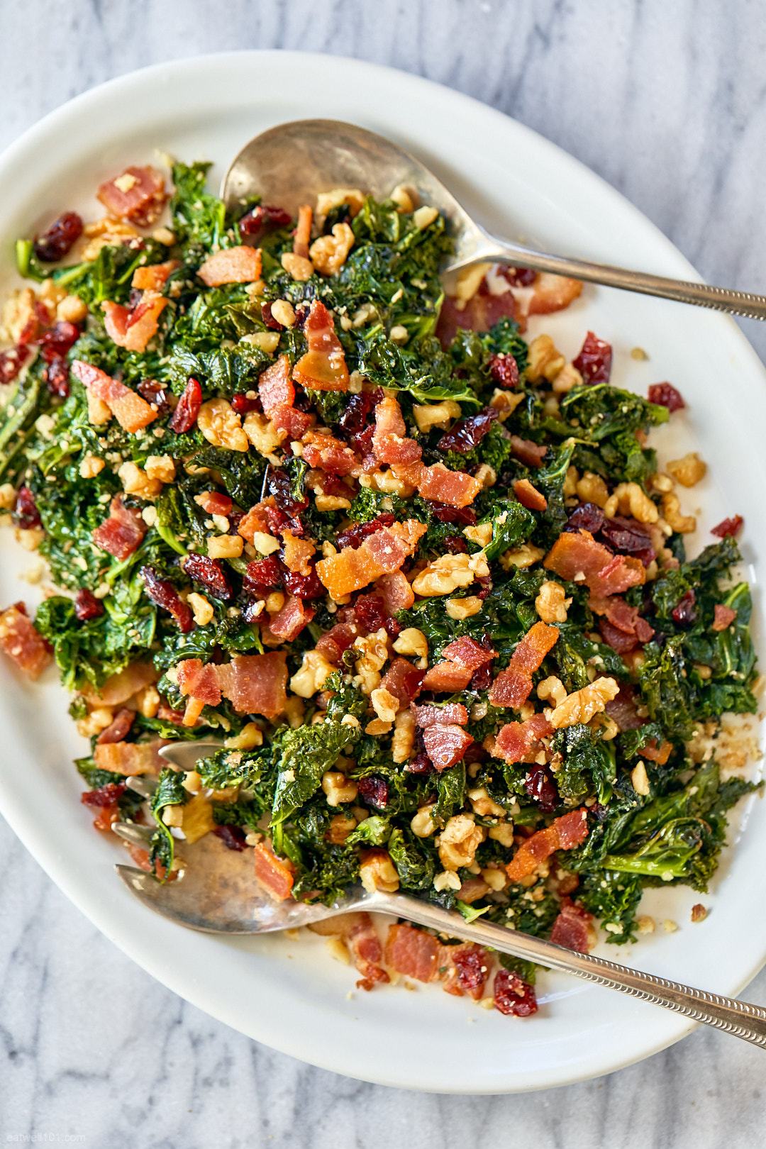 Healthy Sautéed Kale Salad Recipe with Bacon, Walnuts and Cranberries