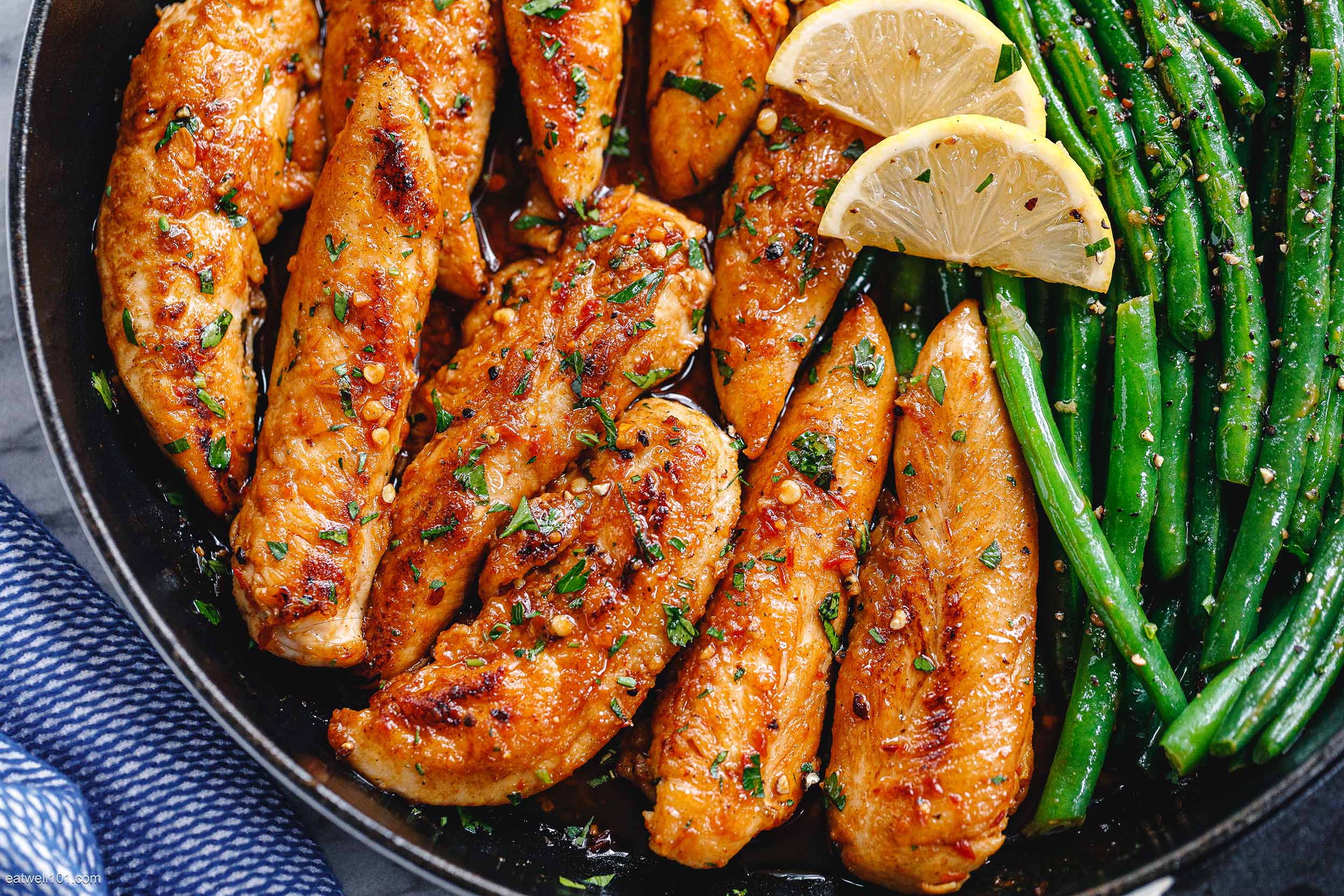 Lemon Garlic Butter Chicken Tenders And Green Beans Skillet Recipe Chicken Tenders Recipe Eatwell101