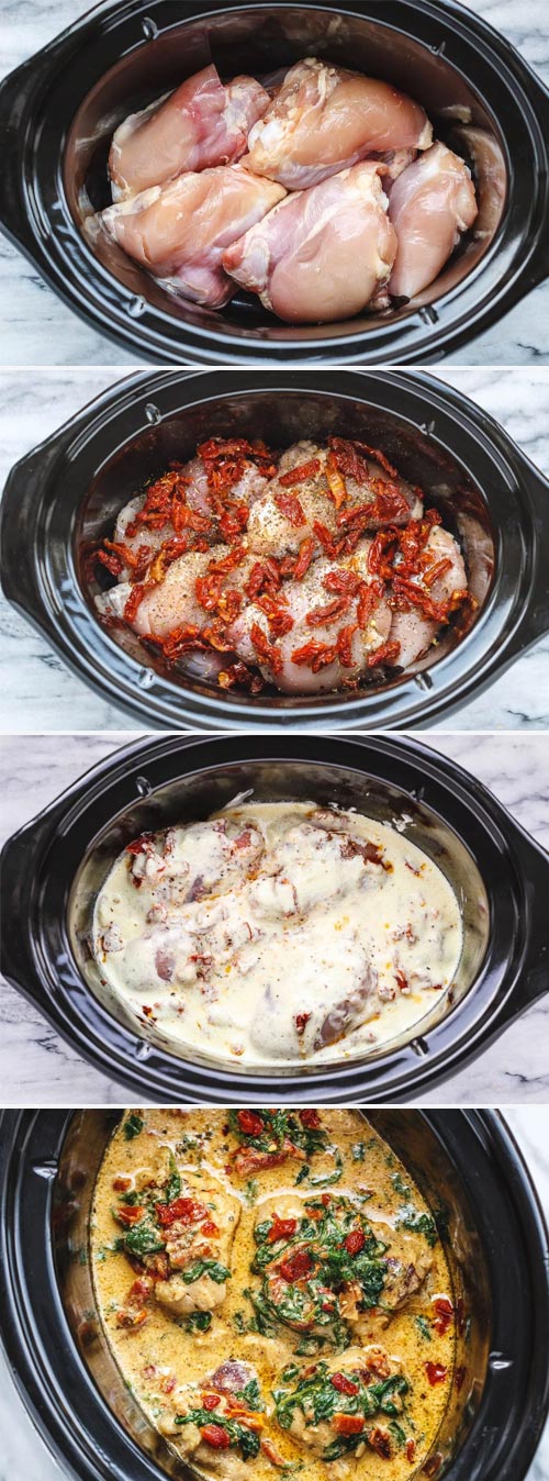 Crock-Pot Tuscan Garlic Chicken Recipe - #eatwell101 #recipe Succulent Crock-Pot chicken cooked in Spinach, garlic, sun-Dried Tomatoes, cream and parmesan cheese. so easy to prep! The easiest, most unbelievably delicious Crock-Pot Dump Dinner your whole family will love! #CrockPot Tuscan #Garlic #Chicken #Recipe #sunDried #Tomatoes, #cream  #parmesan #cheese #Dinner