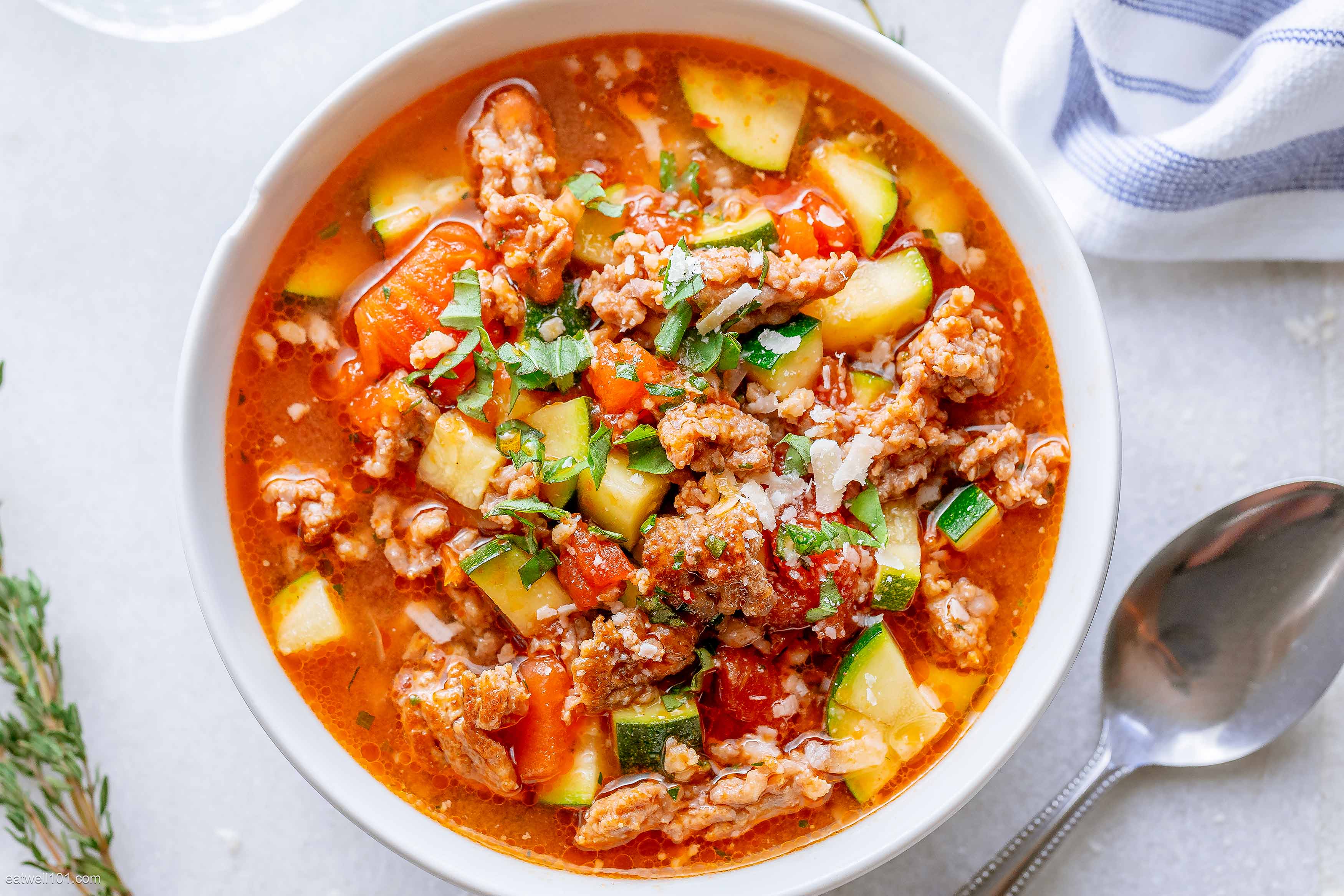 Healthy Zucchini Tomato Italian Sausage Soup