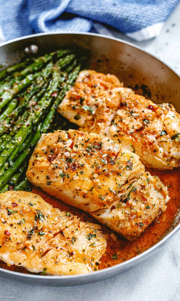 Garlic Butter Cod with Lemon Asparagus Skillet
