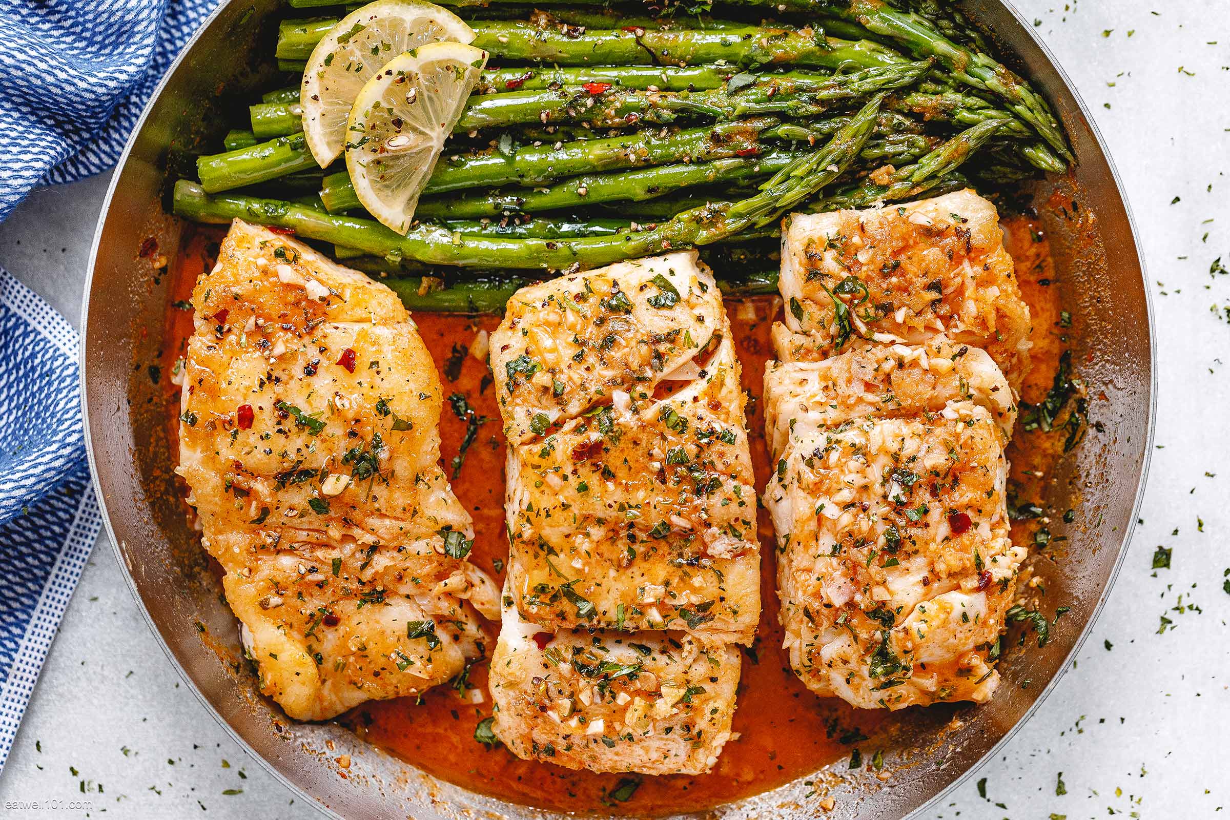 Garlic Butter Cod with Lemon Asparagus Skillet