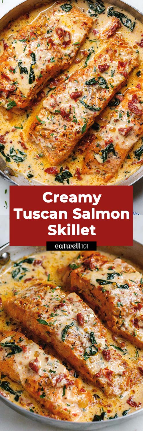 Creamy Tuscan Salmon With Spinach and Sun-Dried Tomatoes - #salmon #recipe #eatwell101 - Smothered in a luscious garlic butter spinach and sun-dried tomato cream sauce, this Tuscan salmon recipe is so easy, quick, and simple.