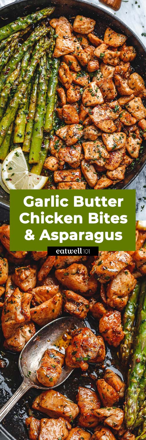 Garlic Butter Chicken Bites and Lemon Asparagus - #chicken #recipe #eatwell101 - So much flavor and so easy to throw together, this chicken and asparagus recipe is a winner for dinnertime!