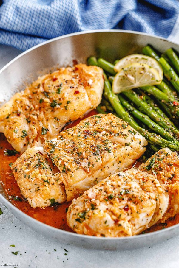 Garlic Butter Cod with Lemon Asparagus Skillet
