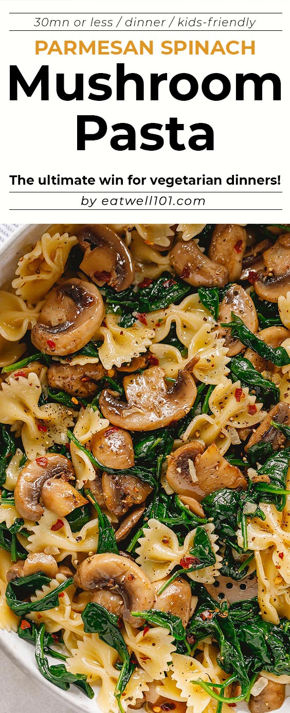 Parmesan Spinach Mushroom Pasta Skillet -  Super quick and impossible to mess up! This parmesan spinach mushroom pasta skillet is the ultimate win for vegetarian weeknight dinners! 
