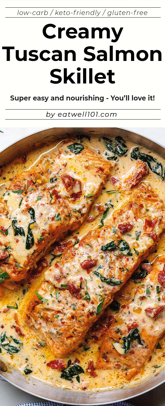 Creamy Tuscan Salmon With Spinach and Sun-Dried Tomatoes - #salmon #recipe #eatwell101 - Smothered in a luscious garlic butter spinach and sun-dried tomato cream sauce, this Tuscan salmon recipe is so easy, quick, and simple.