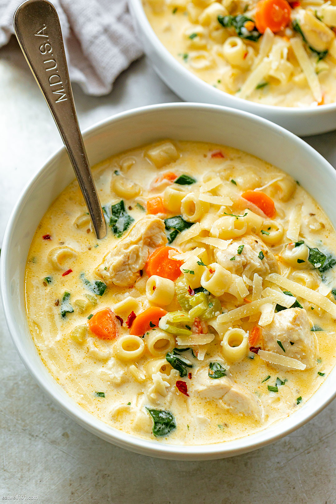 Creamy Chicken Soup with Pasta and Spinach recipe