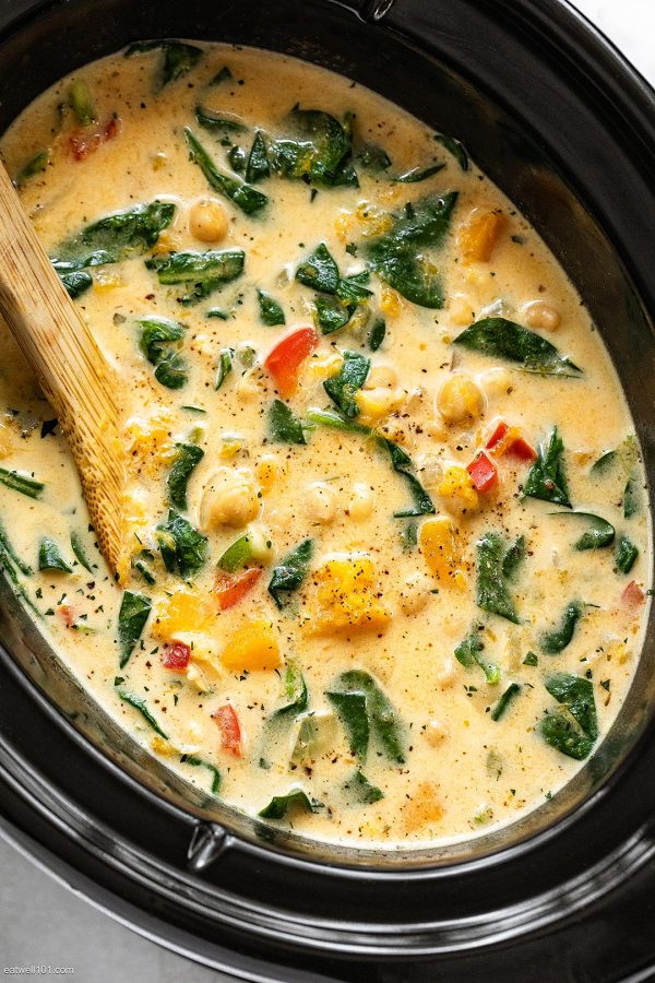 Crockpot Chickpea Butternut Soup - #recipe by #eatwell101 - https://www.eatwell101.com/crockpot-chickpea-butternut-soup-recipe