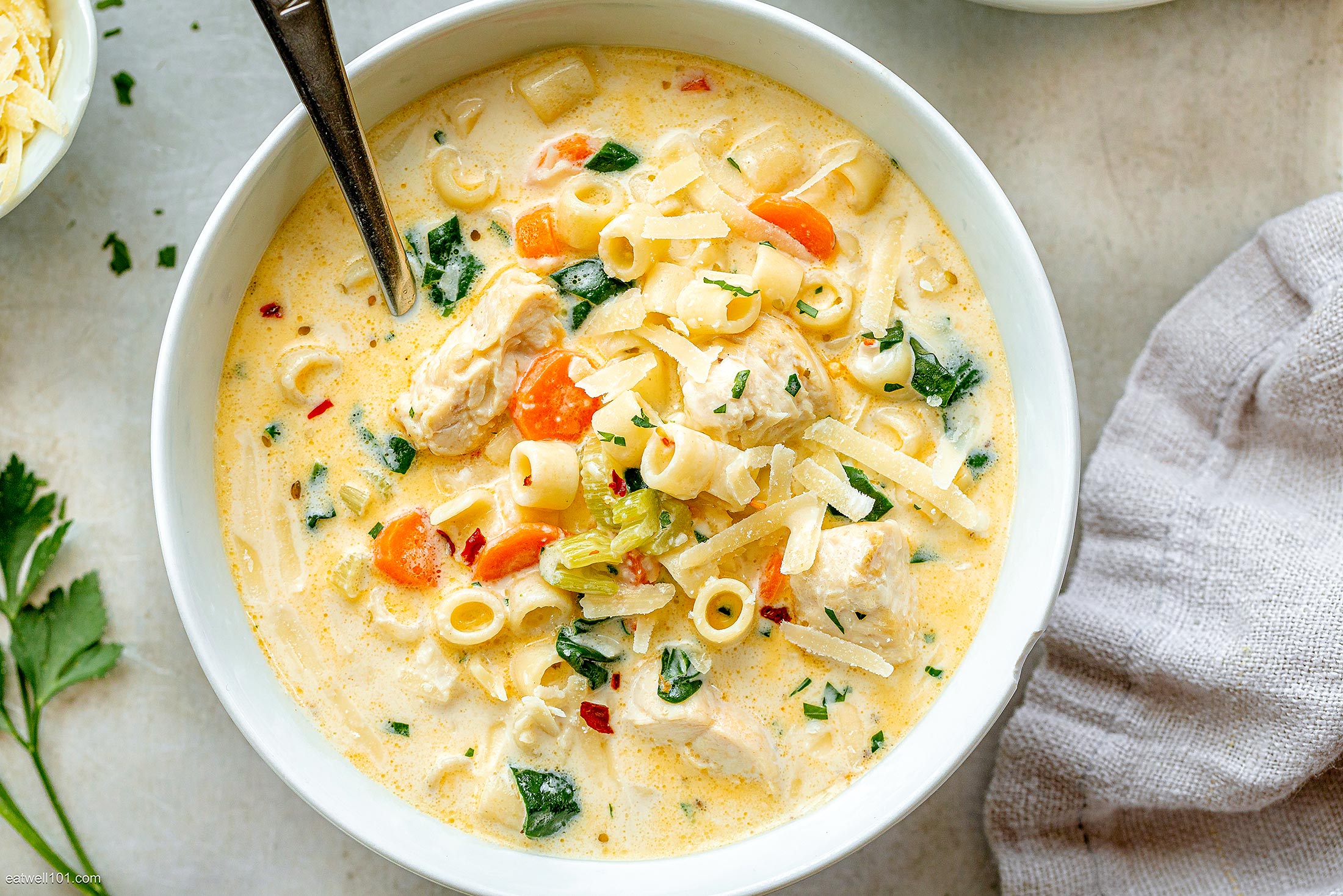 Creamy Chicken Soup with Pasta and Spinach