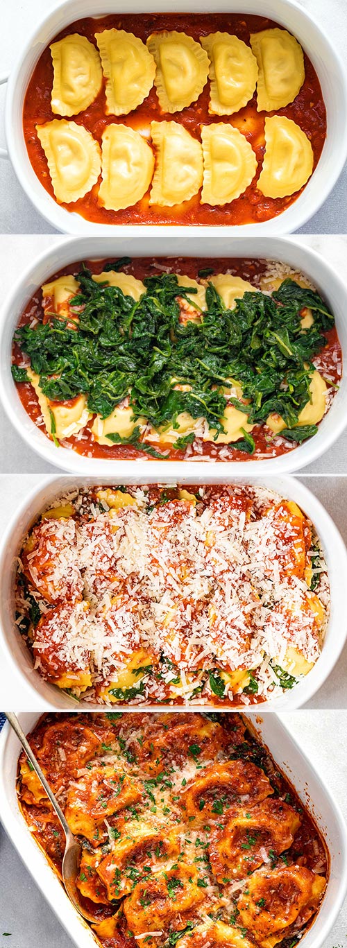 Easy Tomato Spinach Ravioli Bake - #ravioli #baked #eatwell101 #Recipe - This tomato spinach ravioli bake is rich and nourishing and makes an excellent main dish for a family dinner. 