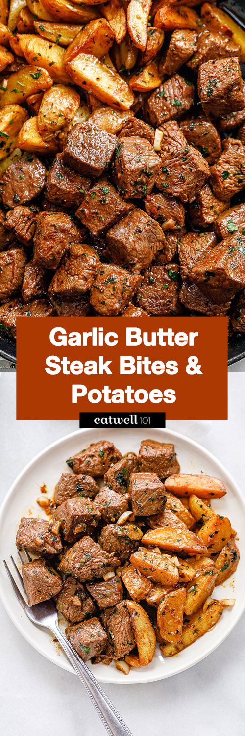 Garlic Butter Steak Bites and Potatoes - #eatwell101 #steak #potato #dinner #recipe - Super flavorful and nourishing, these garlic butter steak bites and potatoes are a one-skillet wonder you’ll return to again and again!