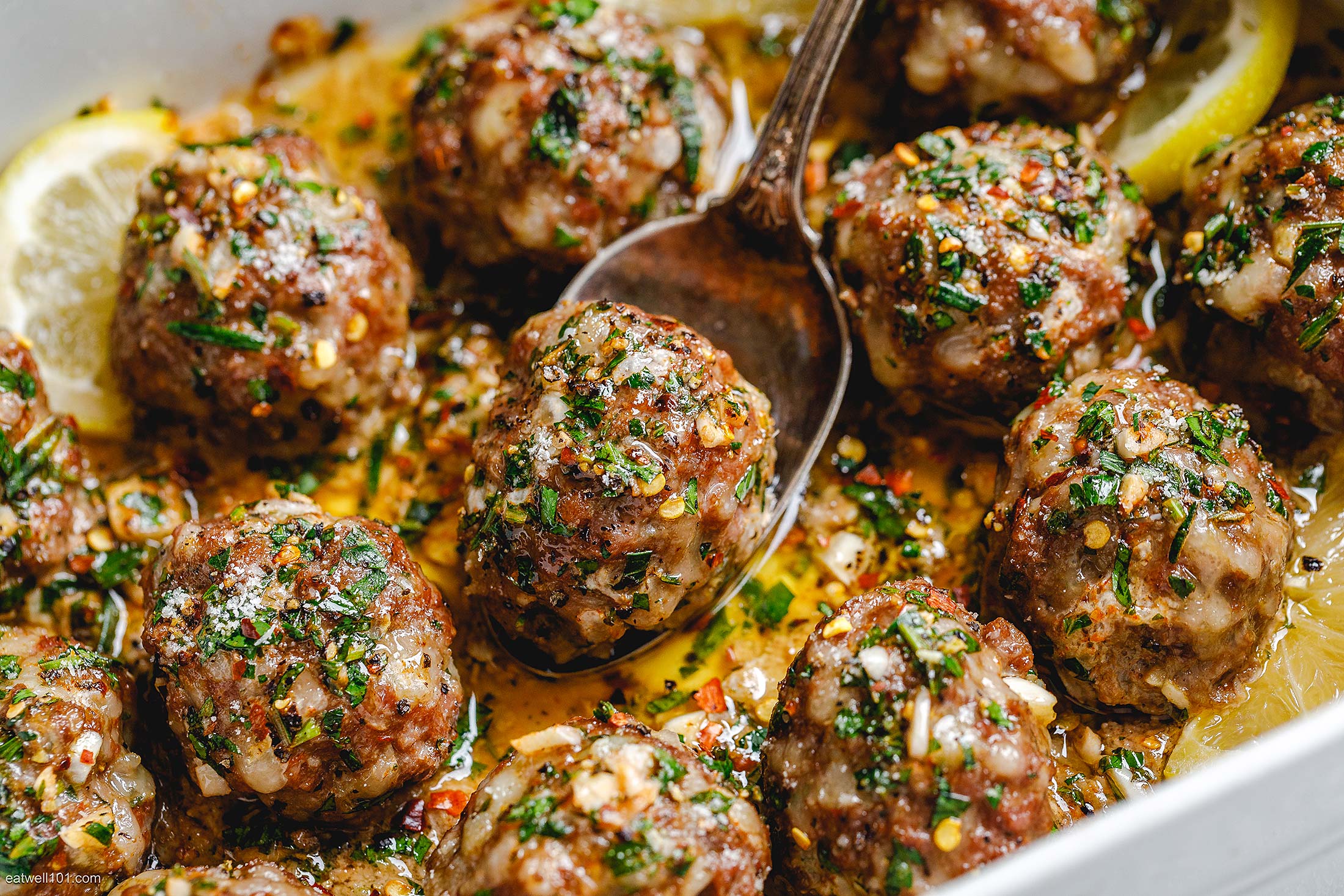 Baked Turkey Meatballs Recipe With Lemon Garlic Butter Sauce Oven Baked Turkey Meatballs Recipe Eatwell101