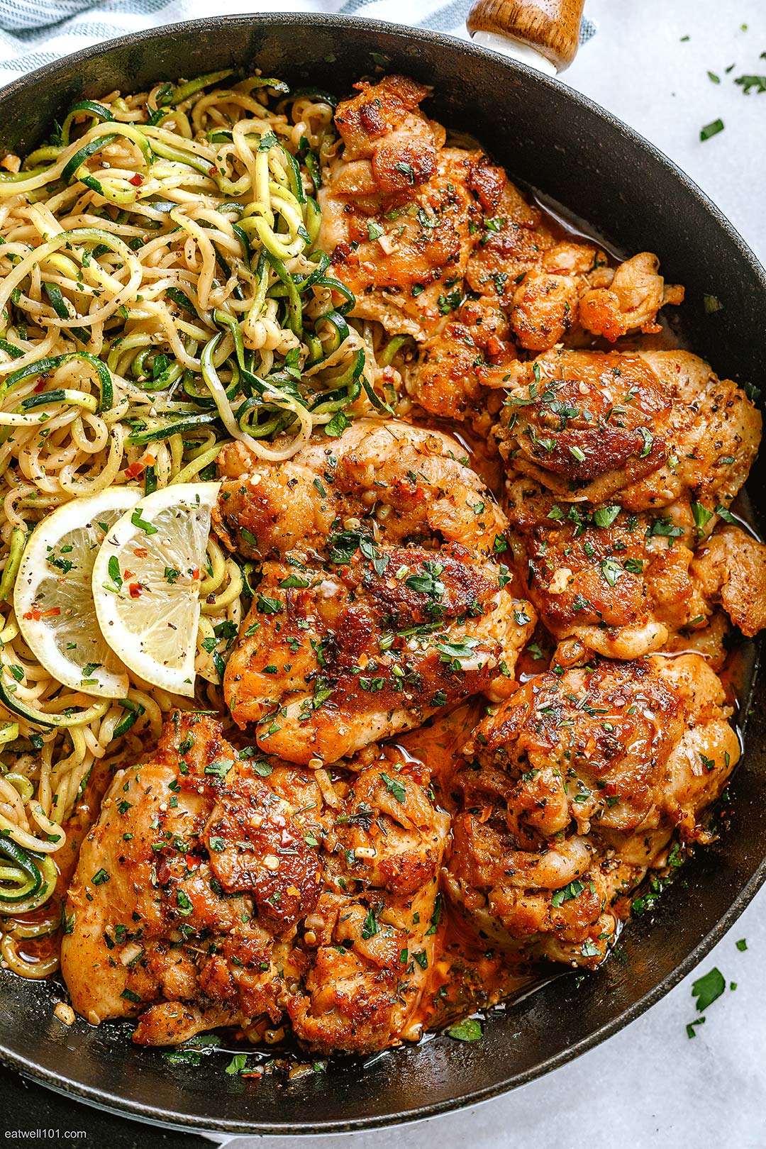 Lemon Garlic Butter Chicken and Zucchini Noodles Skillet Recipe