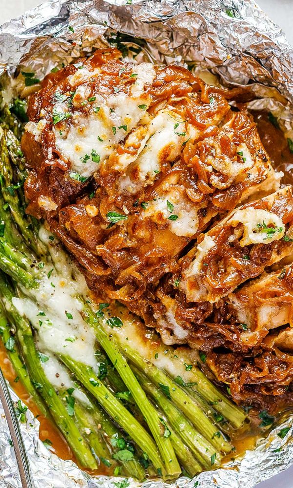 French Onion Chicken Foil Packets with Cheesy Asparagus