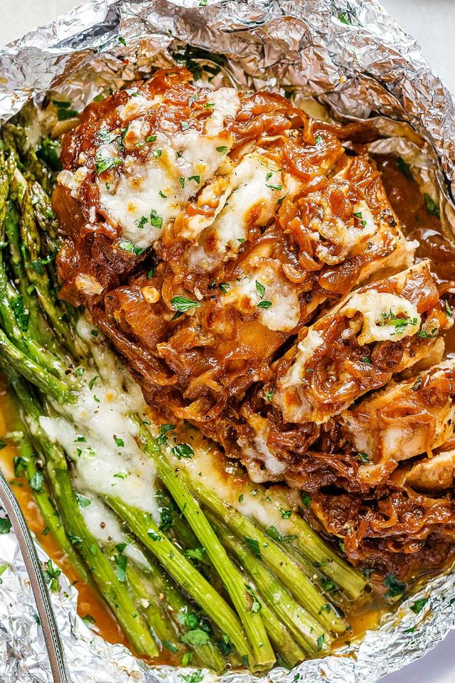 French Onion Chicken Foil Packets with Cheesy Asparagus