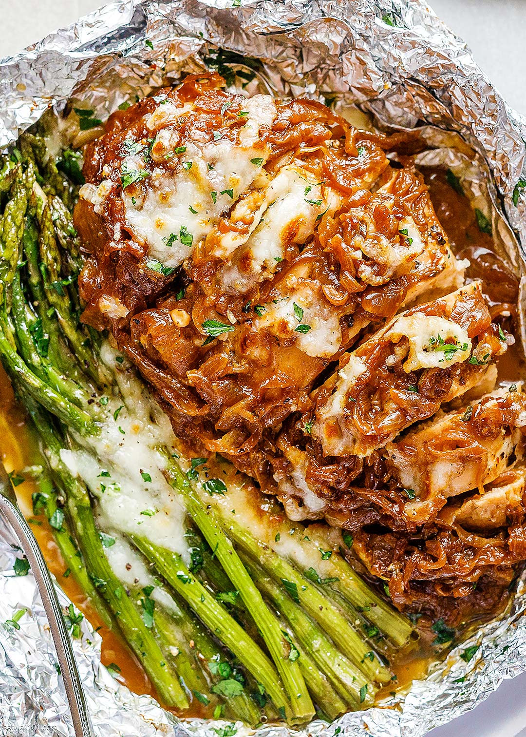 6. French Onion Chicken Foil Packets with Cheesy Asparagus