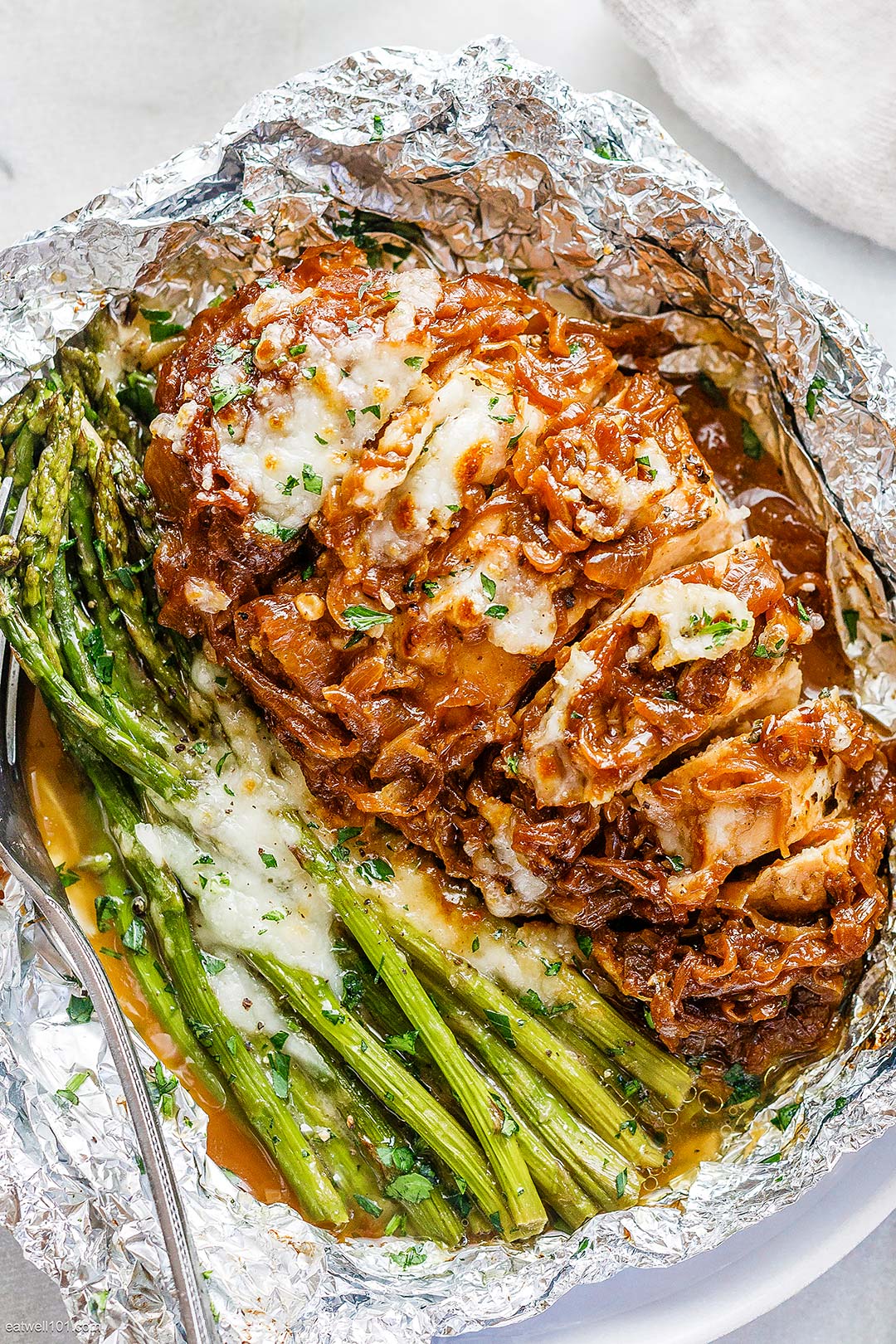 French Onion Chicken Foil Packets with Cheesy Asparagus