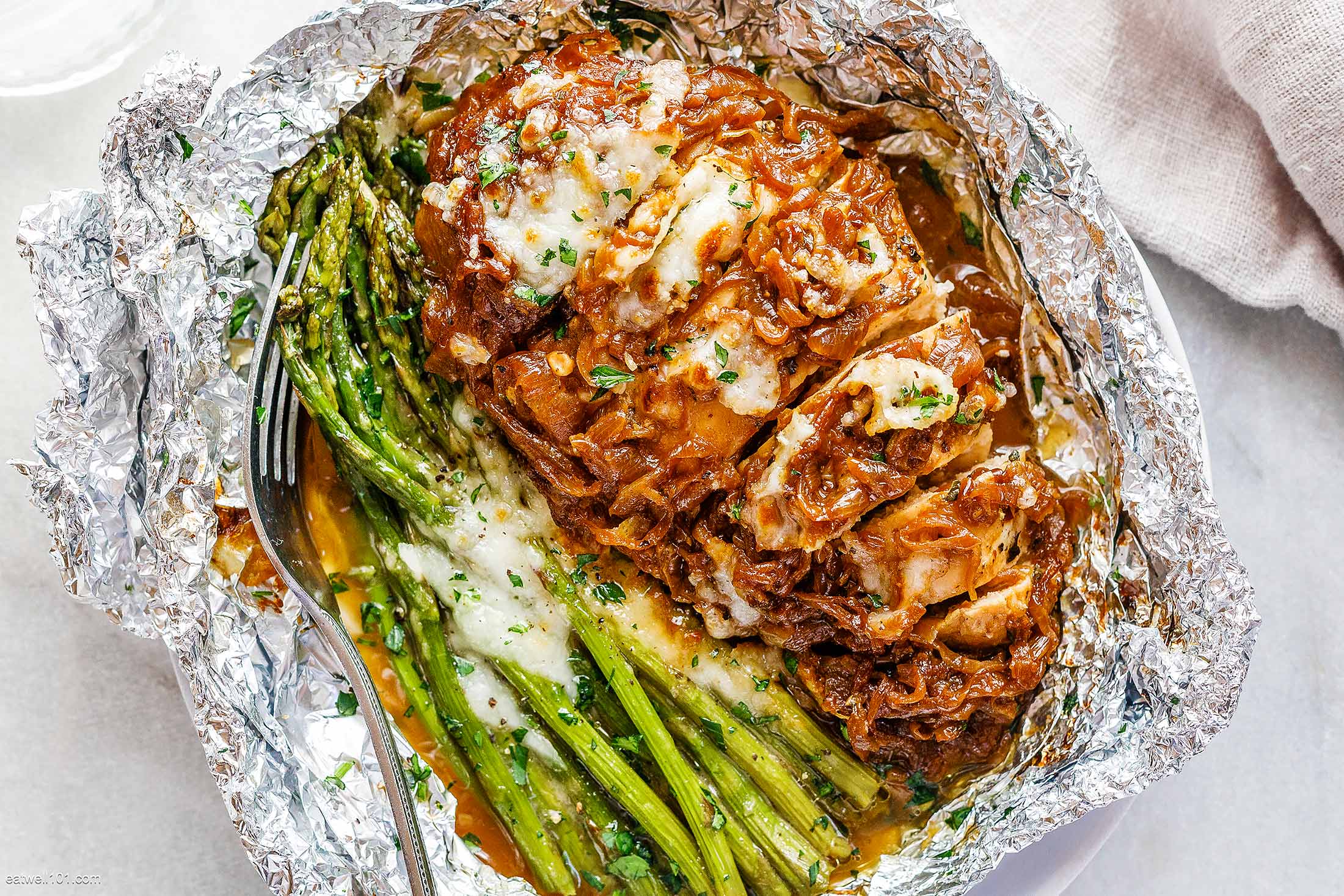 French Onion Chicken Foil Packets with Cheesy Asparagus