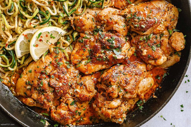 Lemon Garlic Butter Chicken And Zucchini Noodles Skillet Recipe Chicken Dinner Recipe Eatwell101