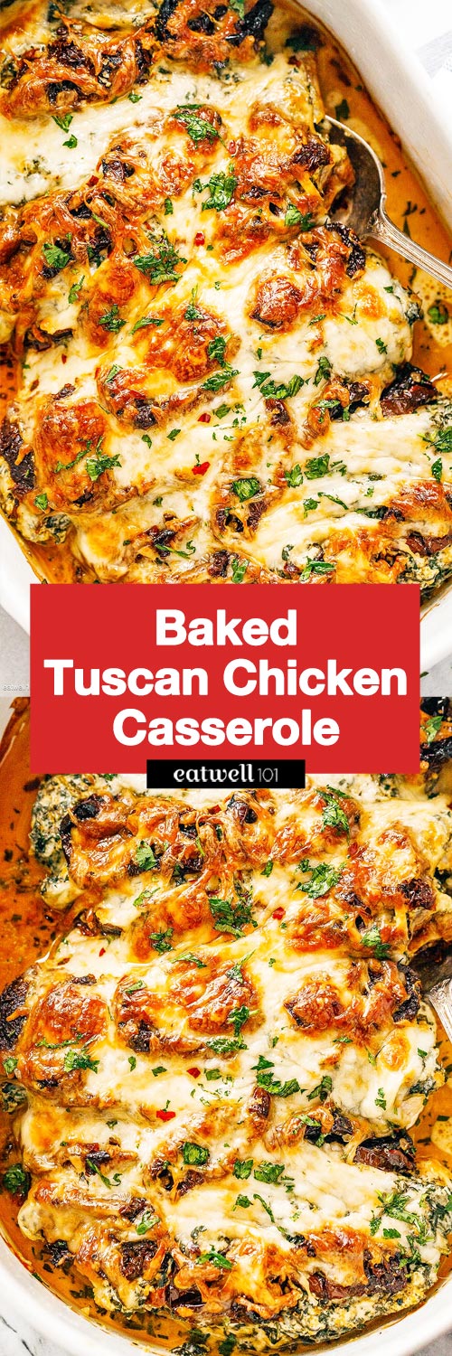 Baked Tuscan Chicken Casserole - #chicken #casserole #tuscan #recipe #eatwell101 - So quick and flavorful. Everyone will love this delicious chicken casserole recipe!