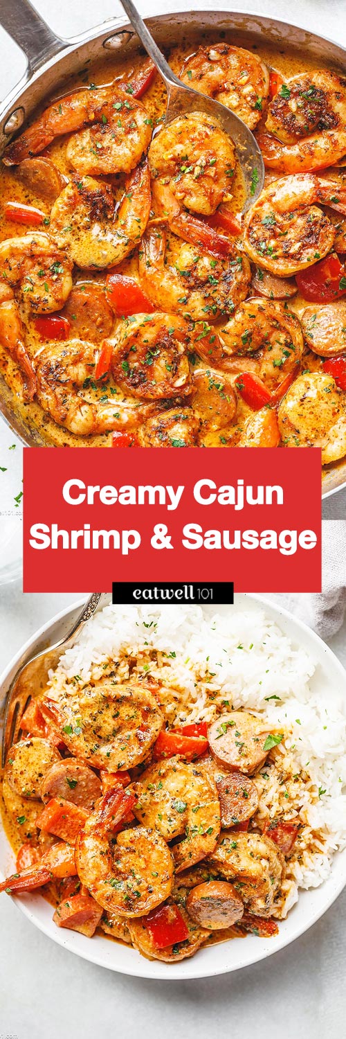 Cajun Shrimp and Sausage in Creamy Pepper Sauce - #cajun #shrimp #sausage #recipe #eatwell101 -  Incredibly easy but packed with such amazing cajun flavor!