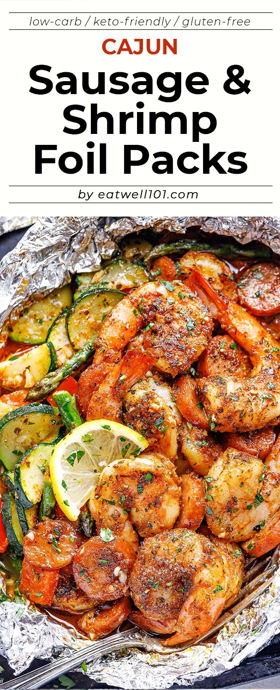 Cajun Sausage Shrimp Foil Packs - #sausage #shrimp #foilpacks #recipe #eatwell101 - These tasty baked shrimp and sausage foil packets make a healthy and delicious dinner in less than 30 minutes.