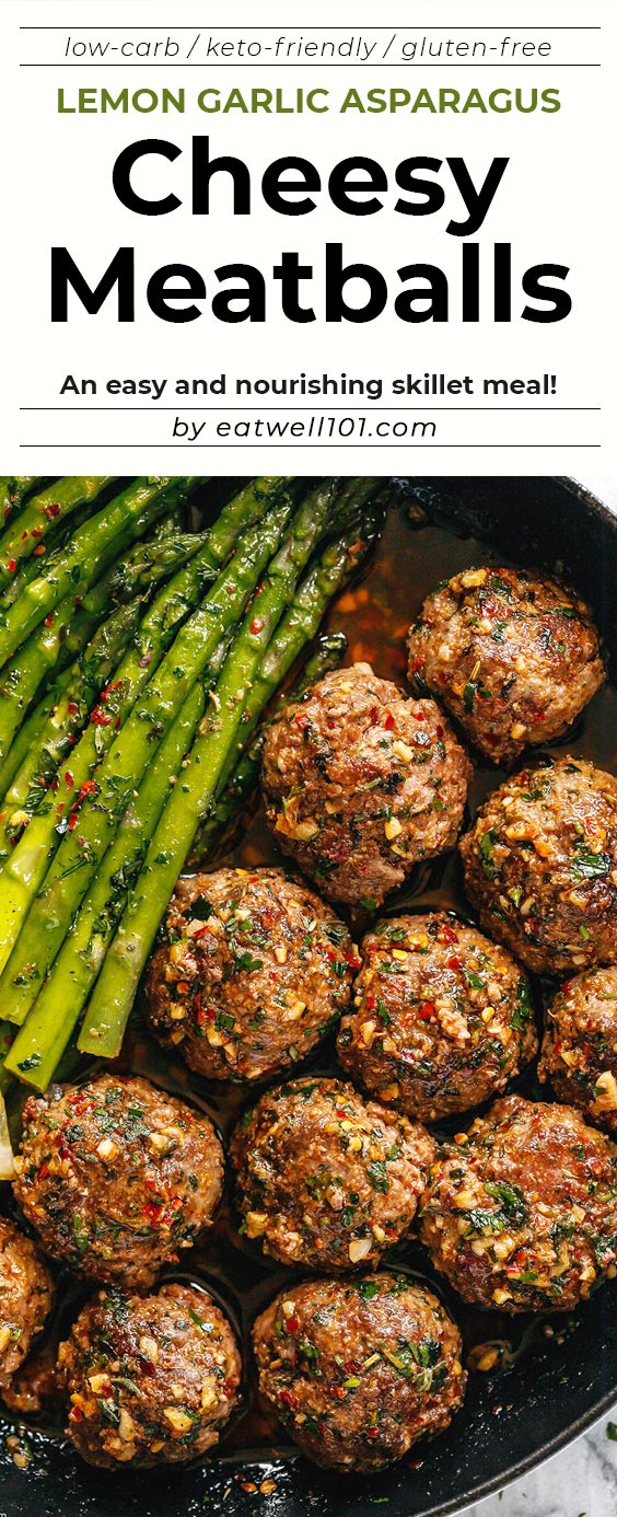 Cheesy Meatballs with Lemon Asparagus - #turkey #meatballs #recipe - Easy and nourishing, these cheesy turkey meatballs just melt in your mouth and crunchy asparagus help keep carbs low.