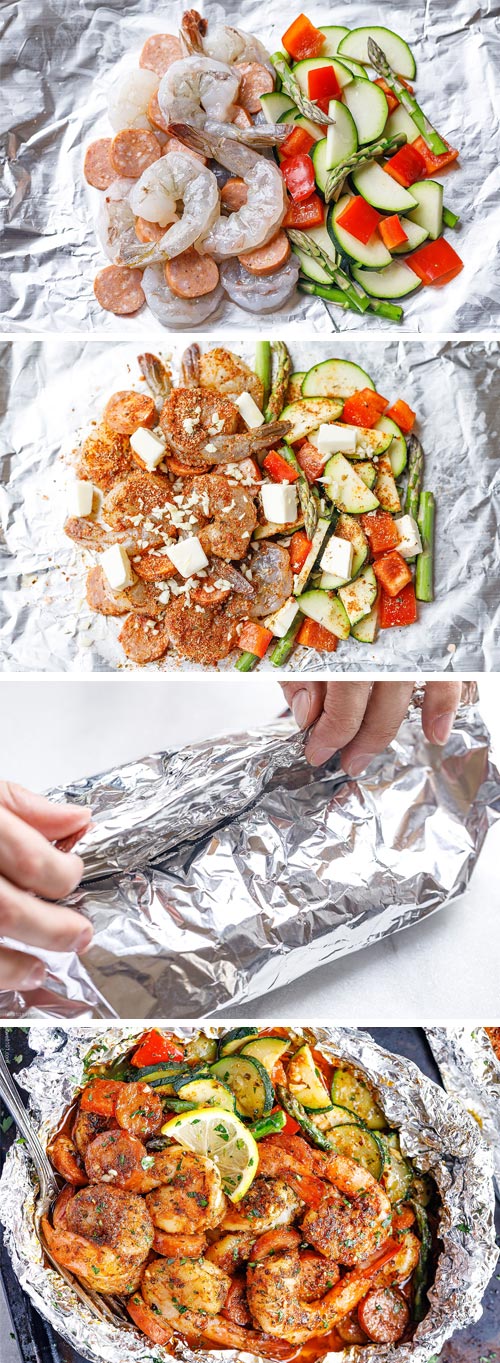 Cajun Sausage Shrimp Foil Packs - #sausage #shrimp #foilpacks #recipe #eatwell101 - These tasty baked shrimp and sausage foil packets make a healthy and delicious dinner in less than 30 minutes.