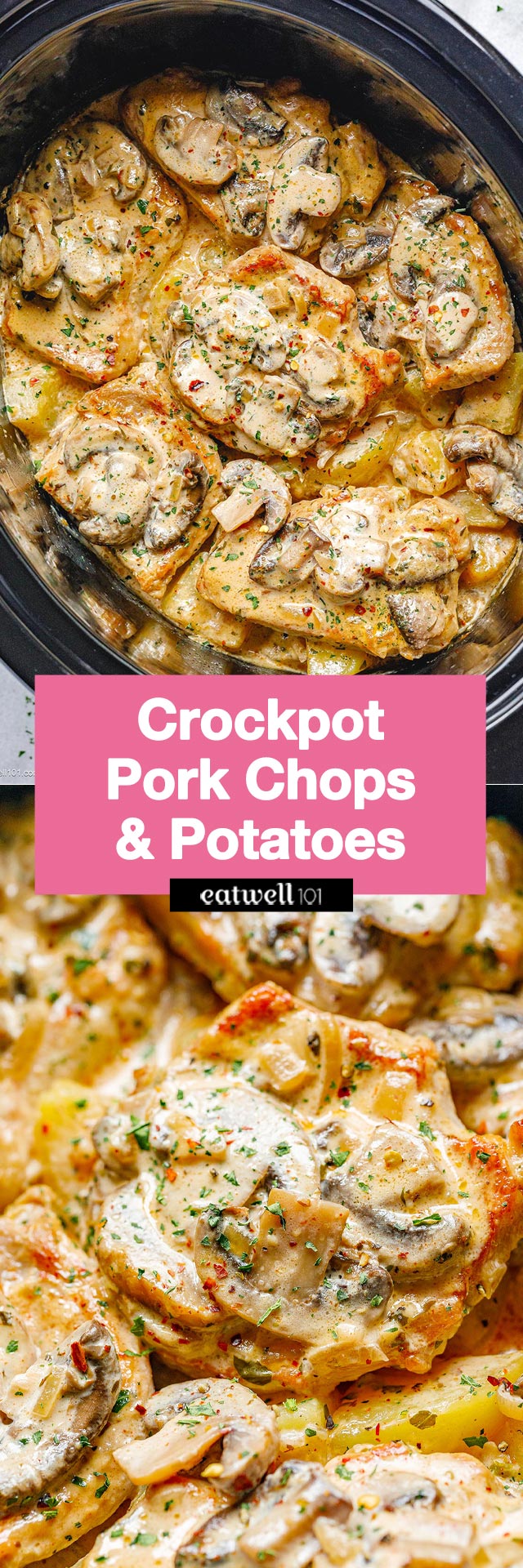 Creamy Garlic Pork Chops with Mushrooms and Potatoes - #slowcooker #porkchops #potatoes #recipe #eatwell101 - These slow cooker pork chops are incredibly easy to make and smothered in a creamy, mouthwatering garlic sauce!