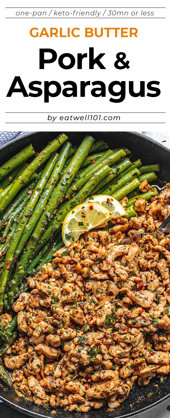 Garlic butter pork with lemon asparagus - #pork #recipe #eatwell101 - This diced pork and asparagus recipe is super flavorful and so easy to throw together - A total winner for dinner!