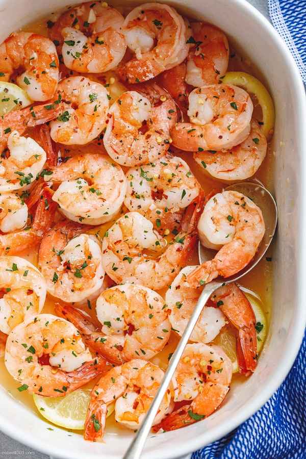 Baked Shrimp with Lemon Garlic Butter Sauce - #recipe by #eatwell101 - https://www.eatwell101.com/baked-shrimp-recipe