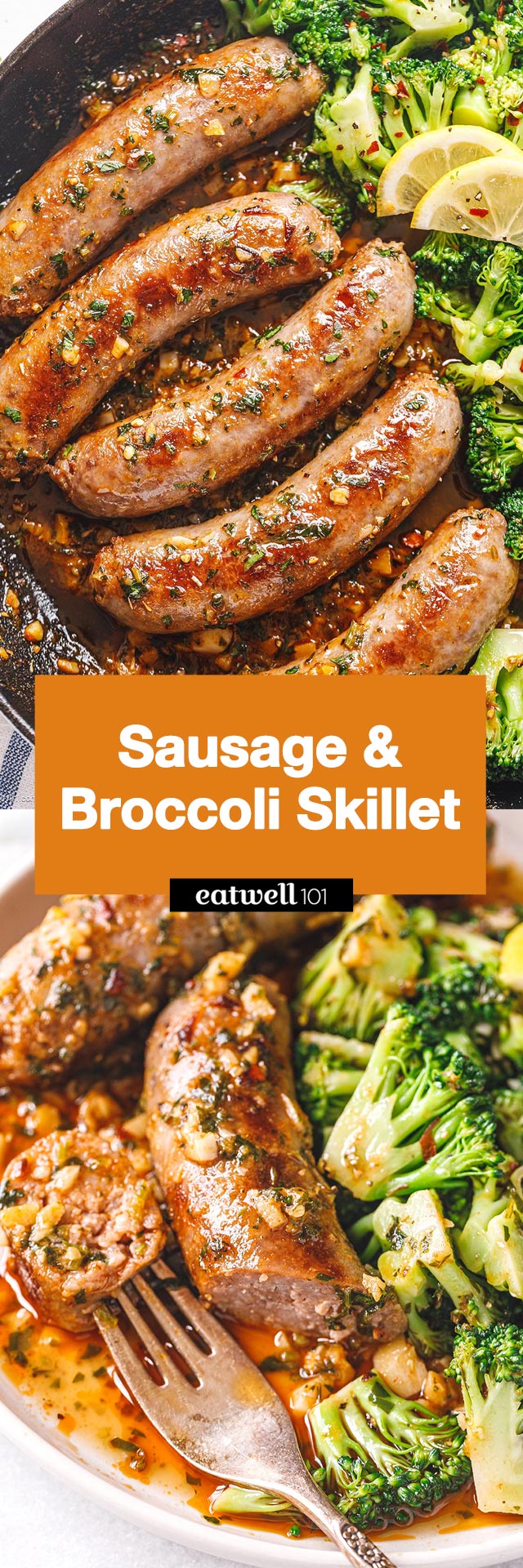 Garlic Butter Sausages and Broccoli Skillet - #sausage #broccoli #recipe #eatwell101 - This easy sausage and broccoli skillet recipe is super nourishing and easy to make  - On the table in 25 minutes.