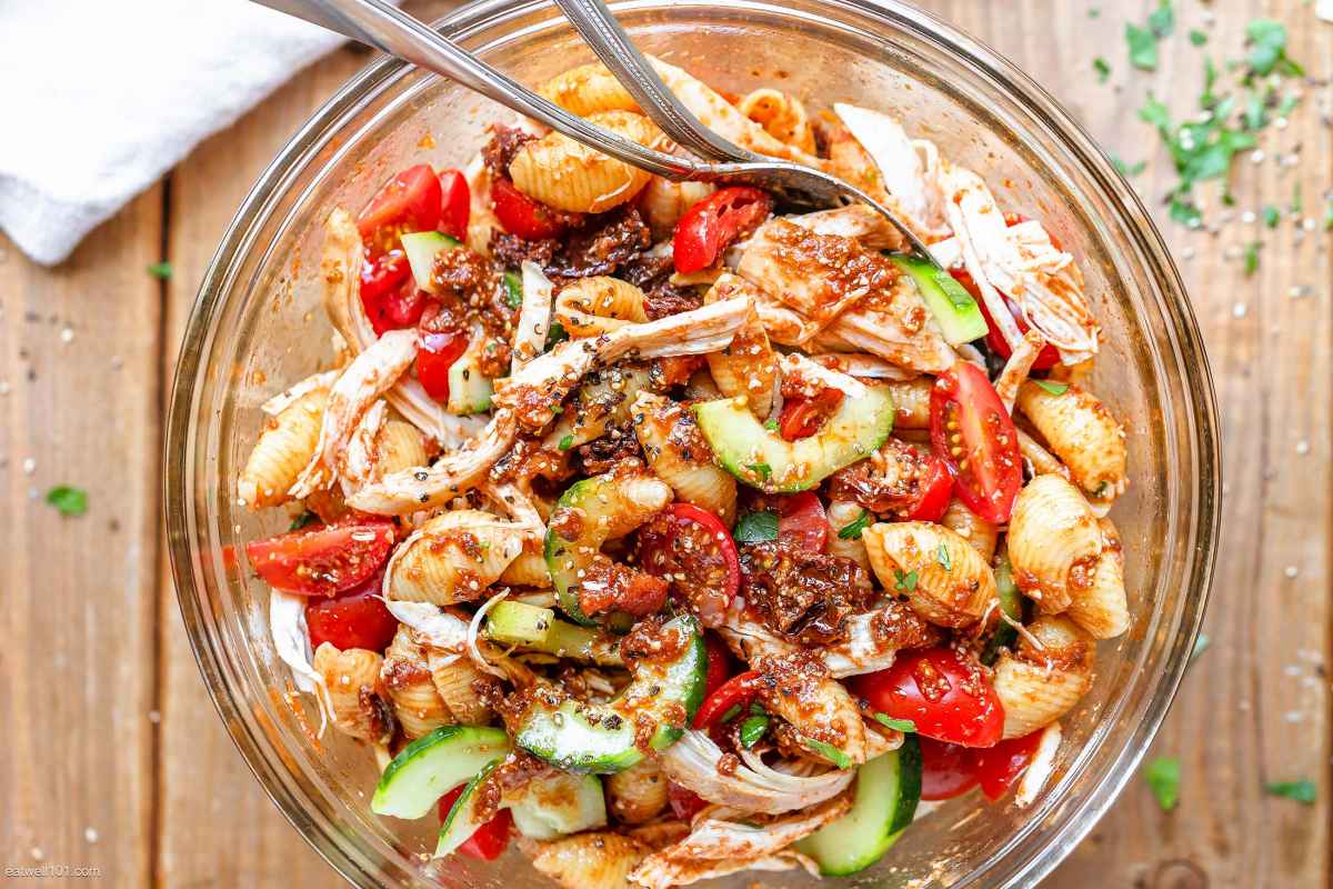 Healthy Chicken Pasta Salad with Cucumber and Parmesan Balsamic Dressing