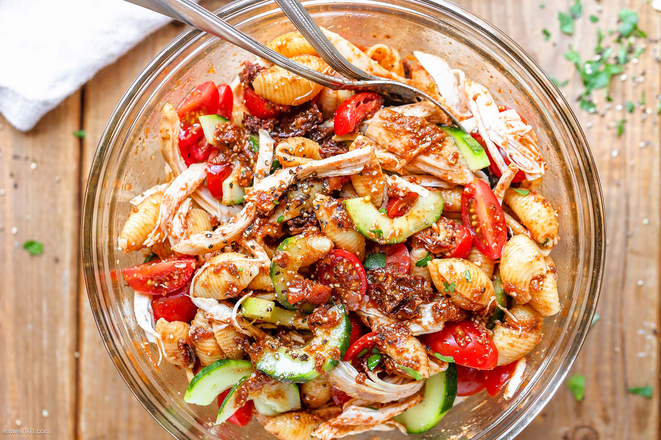 Healthy Chicken Pasta Salad with Cucumber and Parmesan Balsamic Dressing
