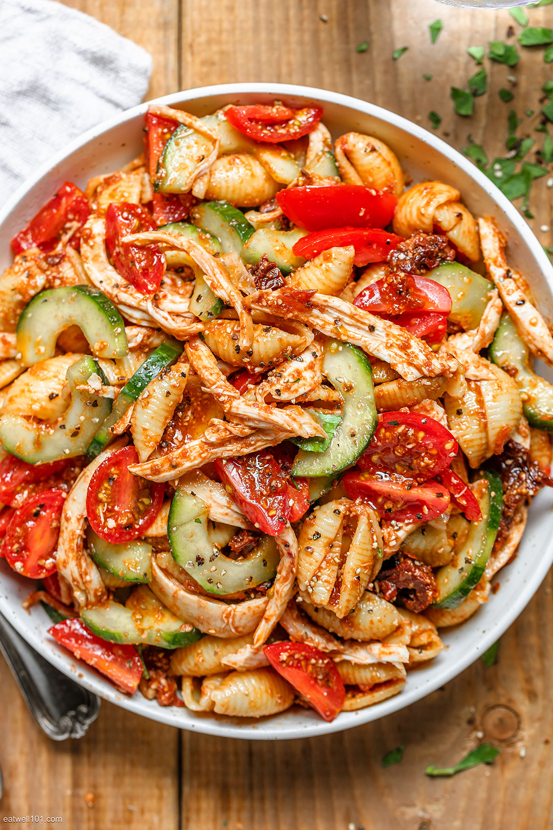 Healthy Roasted Chicken Pasta Salad Recipe with Cucumber, Tomato, and