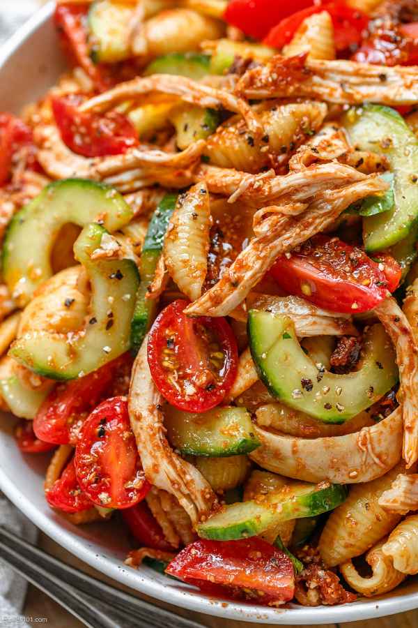 Healthy Chicken Pasta Salad with Cucumber and Parmesan Balsamic Dressing