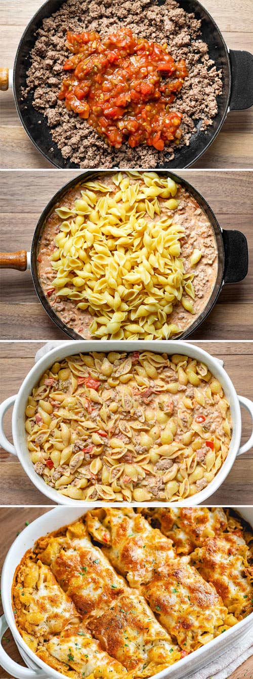 Cheesy Baked Pasta with Creamy Meat Sauce - #baked #pasta #eatwell101 #recipe -This baked shells casserole with meat sauce is the best weeknight meal for the whole family! 