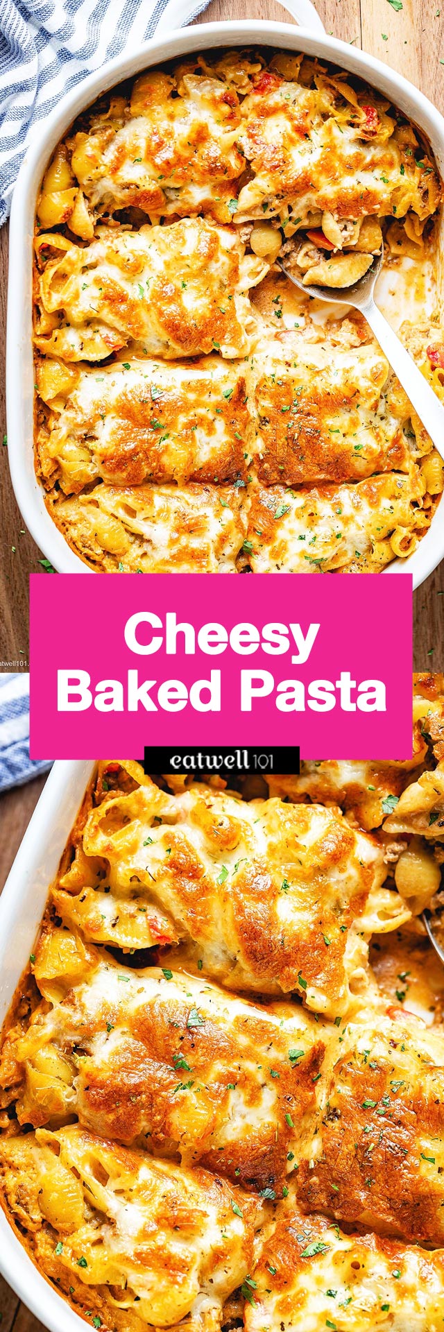 Cheesy Baked Pasta with Creamy Meat Sauce - #baked #pasta #eatwell101 #recipe -This baked shells casserole with meat sauce is the best weeknight meal for the whole family! 