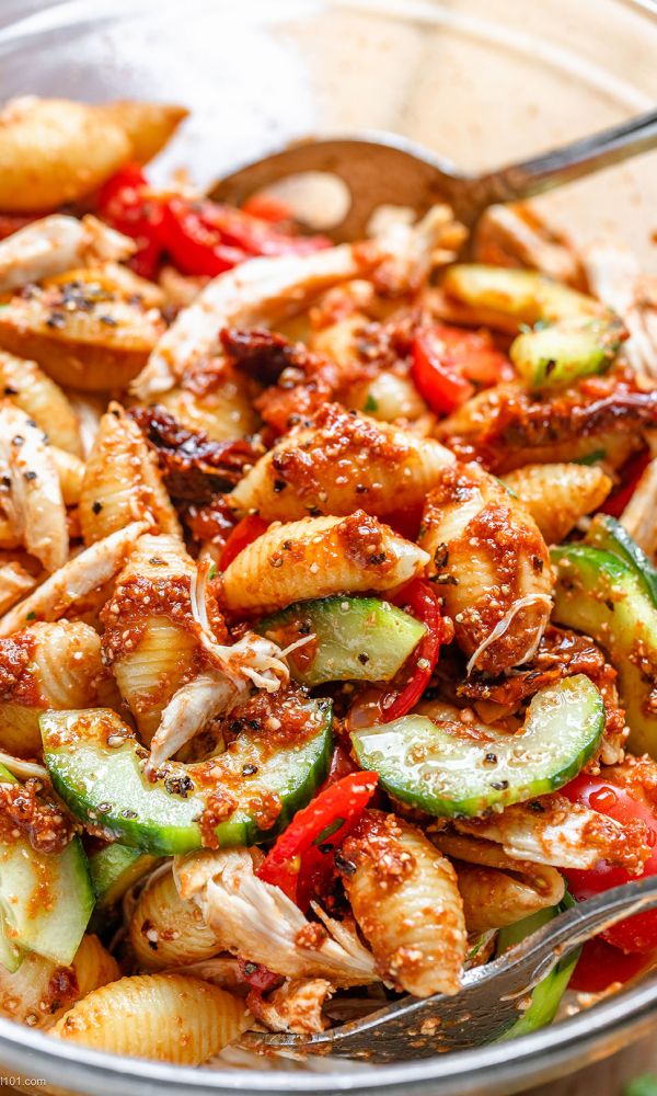 Healthy Chicken Pasta Salad with Cucumber and Parmesan Balsamic Dressing